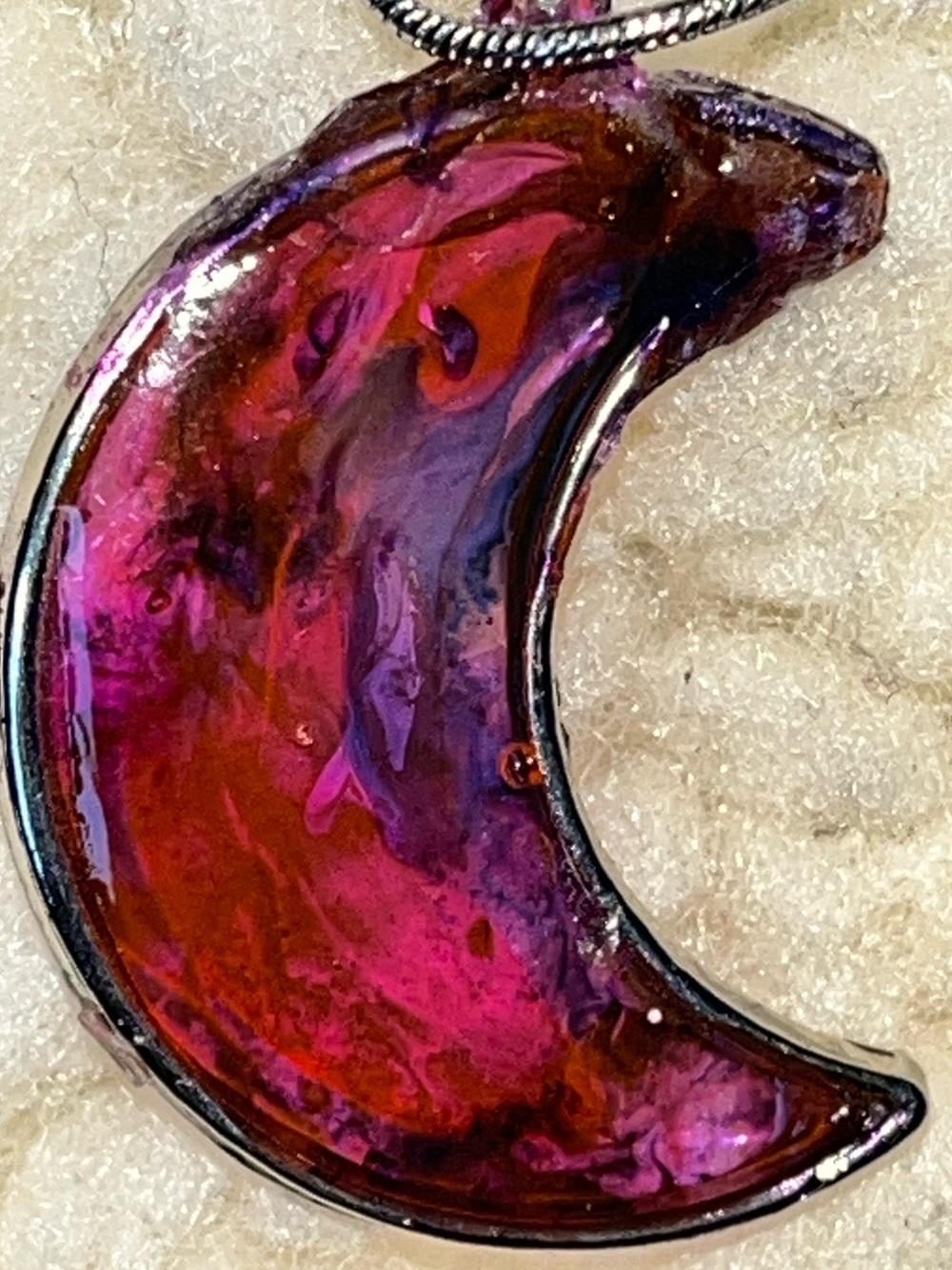 Handmade Pink Purple Marbled Crescent Moon Pendant Necklace 20”